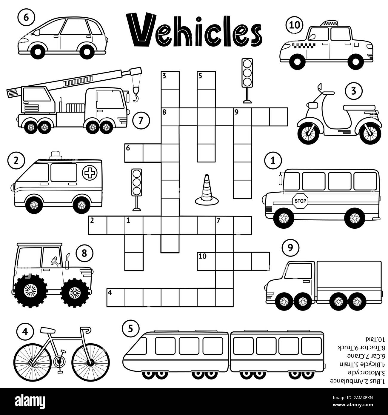 Schwarz-Weiß-Kreuzworträtselspiel für Kinder zum Thema Transport Stock Vektor