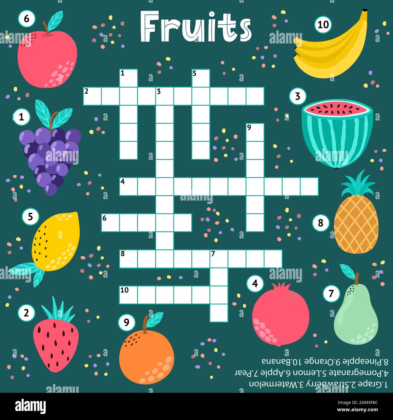 Kreuzworträtselspiel mit Früchten für Kinder Stock Vektor