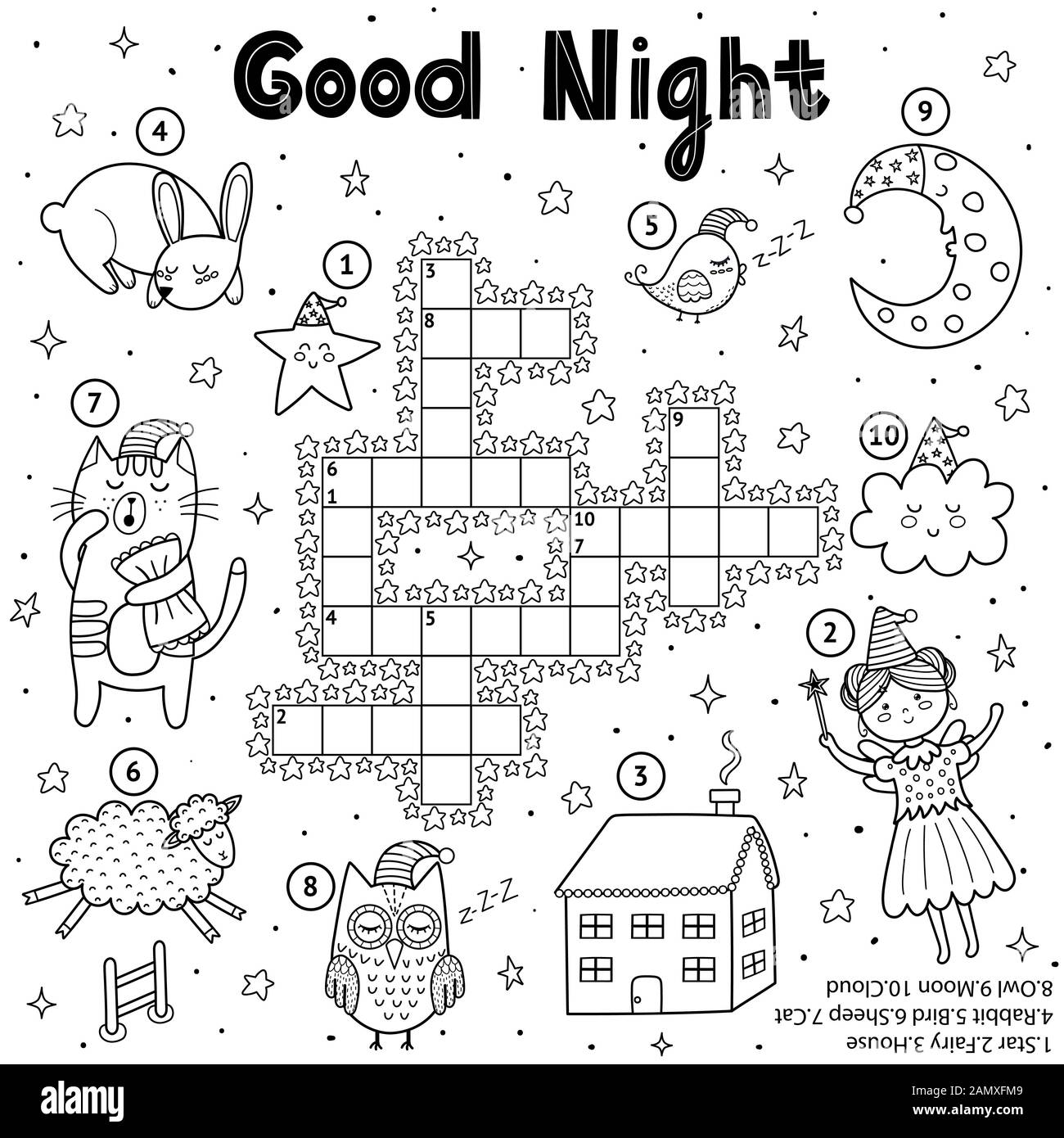 Schwarz-Weiß-Kreuzwort-Spiel für Kinder. Gute Nacht Thema Farbseite Stock Vektor