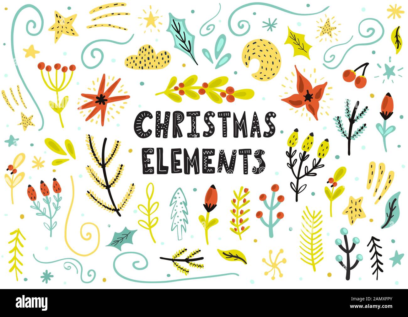 Kollektion mit Blumenelementen zu Weihnachten. Handgezeichnete Blumenobjekte Stock Vektor