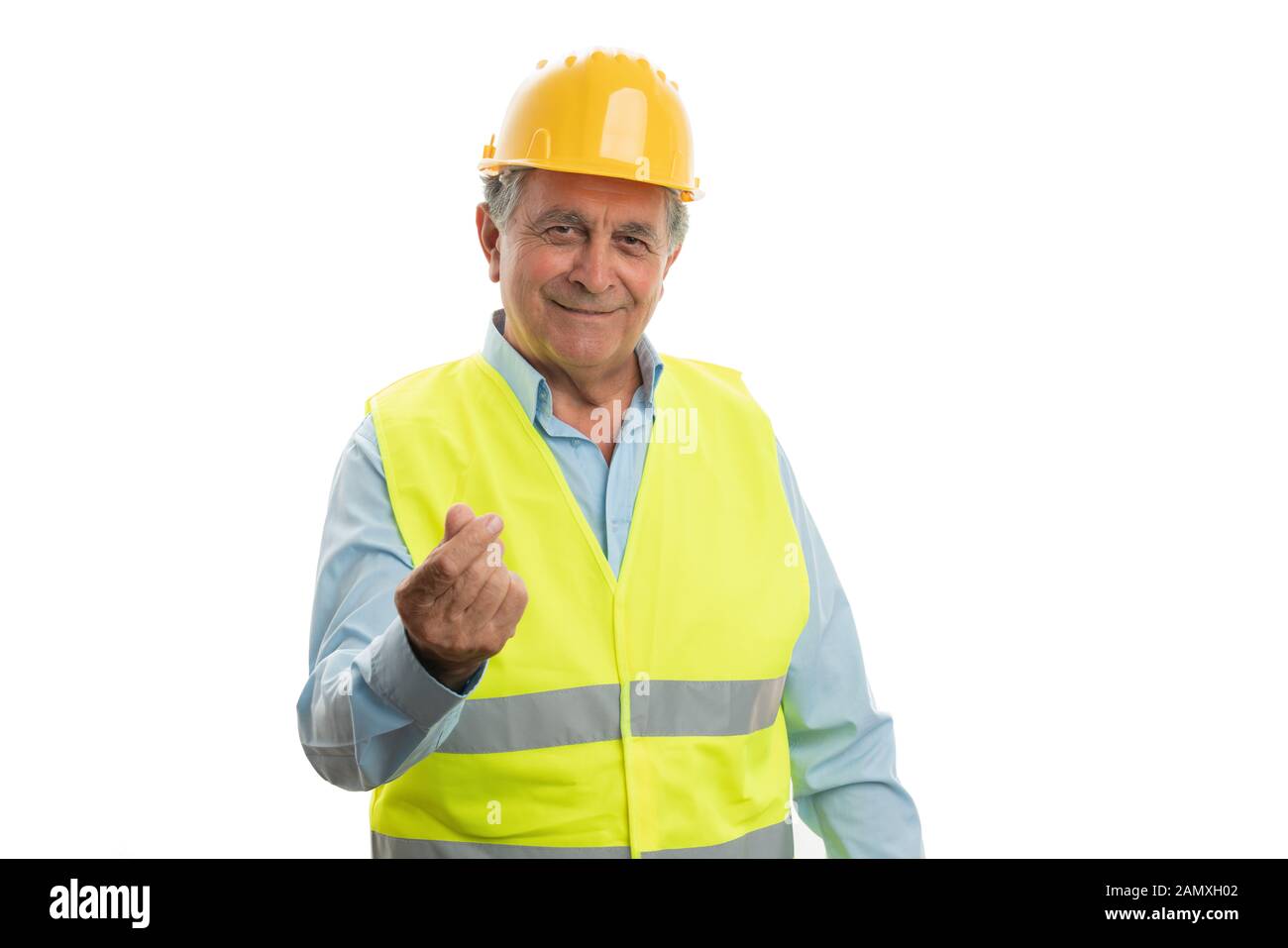 Alten männlichen Builder übersicht Geld Geste mit den Fingern als Zahlung Konzept auf weißem Hintergrund Stockfoto
