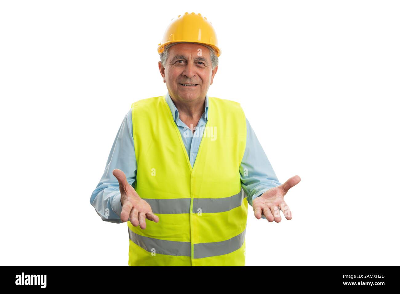 Alte builder Mann, der verwirrt Geste mit der Hand und dem Ausdruck als Fragen stellen auf weißem Hintergrund Stockfoto