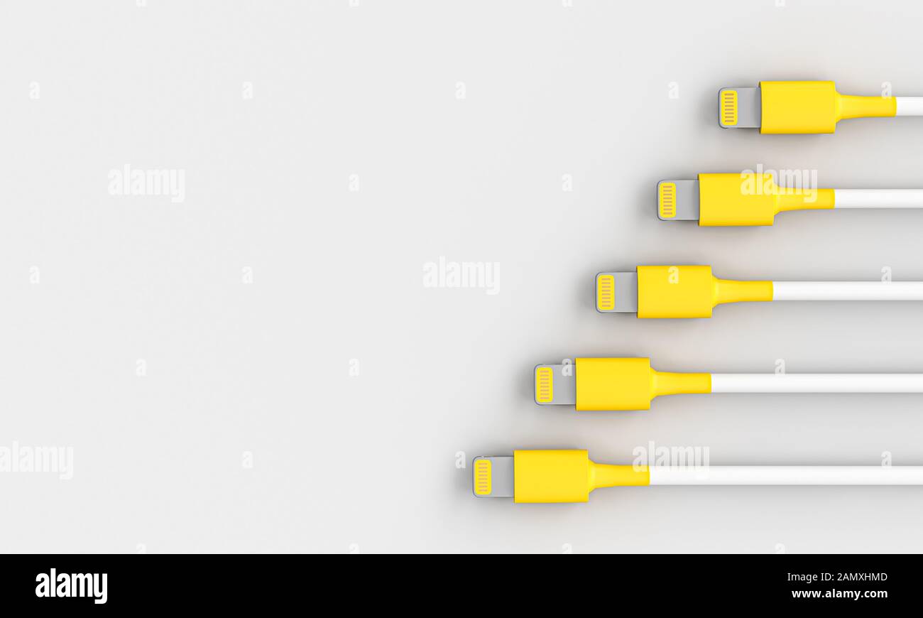Gelb-weißes USB-Anschlusskabel auf grauem Hintergrund, Technologie- und Hardware-Konzept, Copyspace. 3D-Rendering. Stockfoto