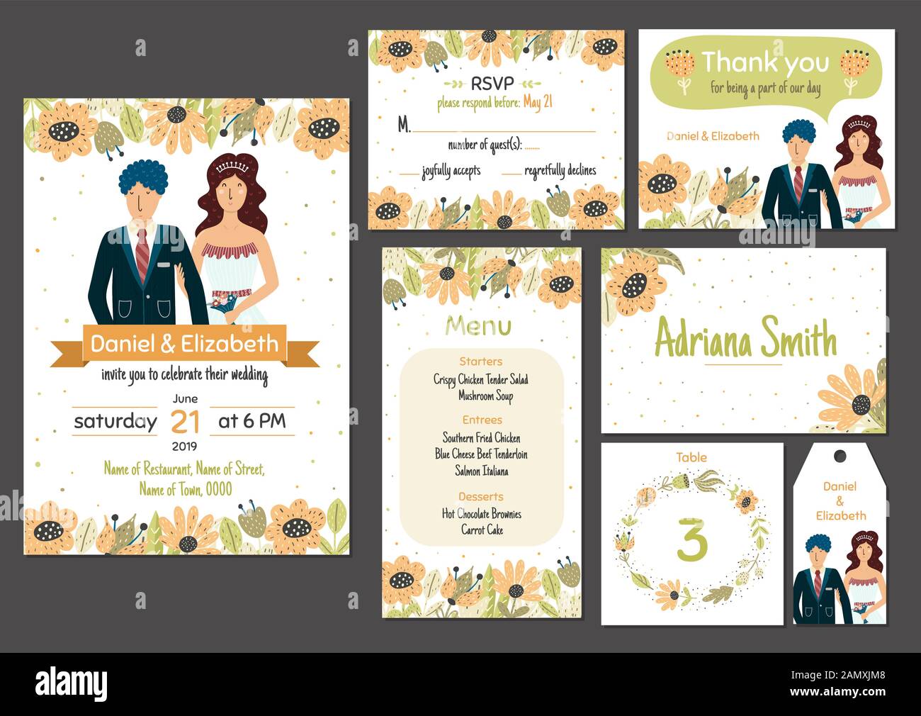 Vorlage für Hochzeitseinladungen mit wunderbarer Brautbar und Bräutigam Stock Vektor