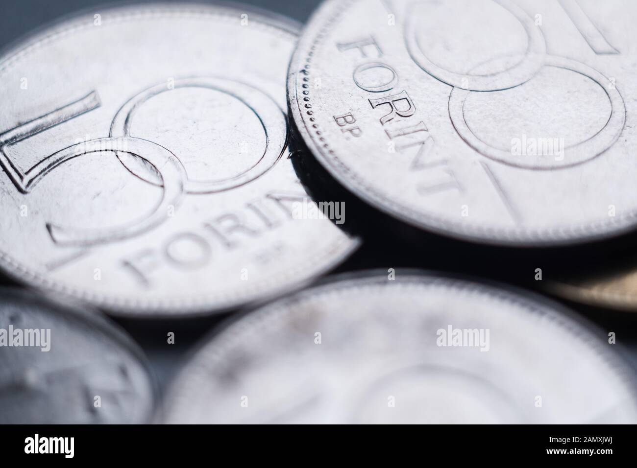 Bis Makro auf Ungarische Forint Münzen schließen, geringe Tiefenschärfe Stockfoto
