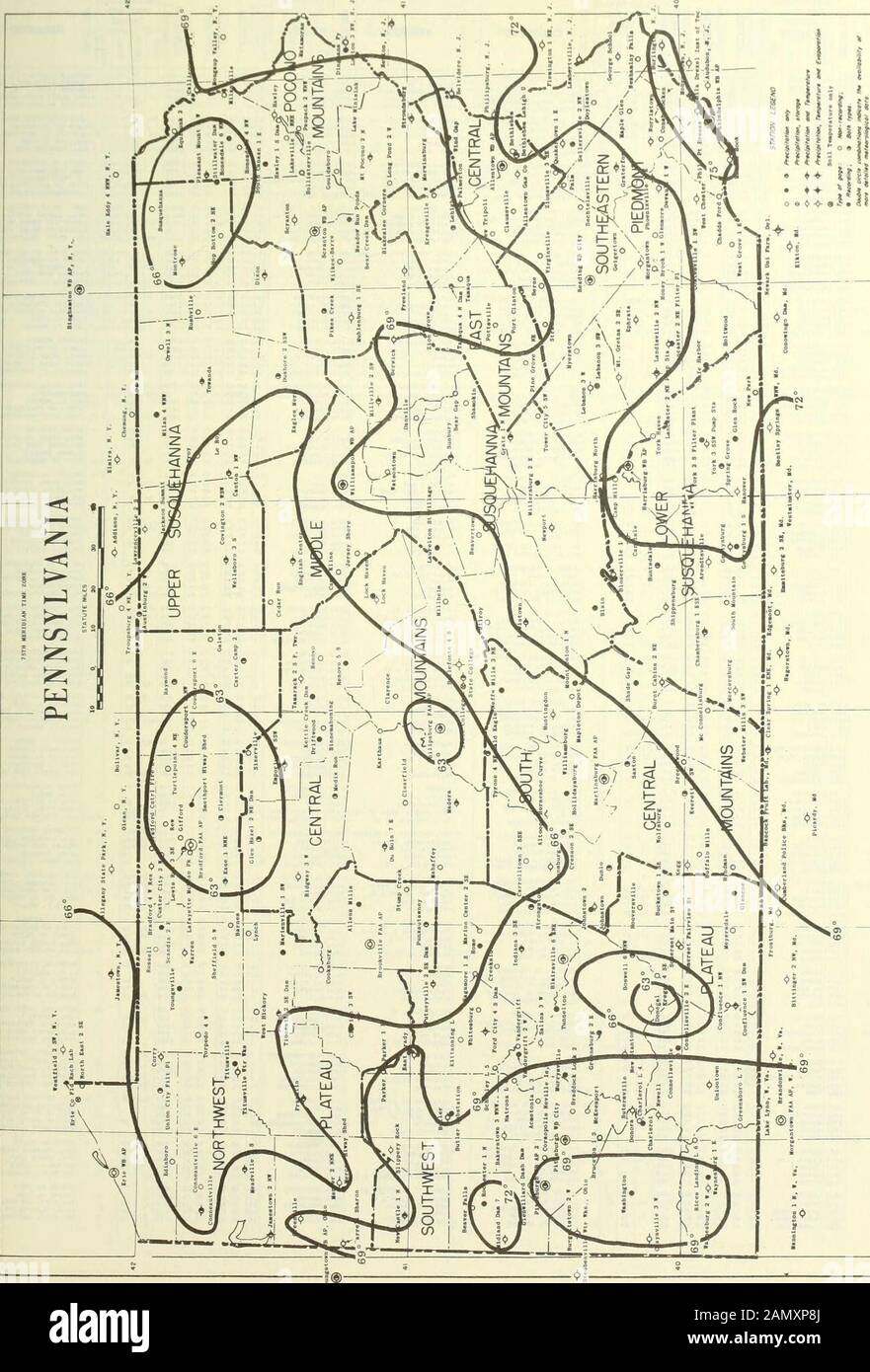 Klimatologische Daten, Pennsylvania. O au " a 3" o h 33 UO -H!S*&gt; &lt;t o 3 Q, a o o o. U &lt;t a eo,a • ? O. 3 r A O T) U 9 o Vm A?1 Q 124 - DURCHSCHNITTSTEMPERATUR PENNSYLVANIAJULY 1960 MiHiur. *j o a o3 o. K II) o o a E o *&gt; CO ed D 125 - STATIONSINDEX ^ U BEOBACHTUNG 6 U U ZEIT UND 2 0 @ B TABELLEN STATION d COUNTY &lt; E 5 BEOBACHTER i 1 3 o § i ^& §1 o 2 E I ist ACMETONIA-SPERRE. 3 0022 ALLEGHENY 1 40 32 79 49 74 8 7A CORPS OF ENGINEERS ALLENS MILLS 0099 JEFFERSON 1 41 12 1600 C CHARLES H. ALLEN ALLENTOWN WE AP 0106 LEHIGH 40 39 75 26 376 MID U.S. WEATHER BUREAU OIN LEHIGH 40 36 75 28 Stockfoto