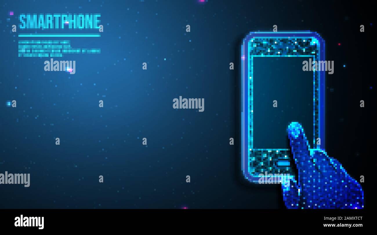 Berühren Sie Smartphone mit der Hand. Fingersicherheitskonzept. Abstraktes, poliertes Drahtgitterdesign. Von Punkt und Linie verbinden. Vektordarstellung. Futuristisch Stock Vektor