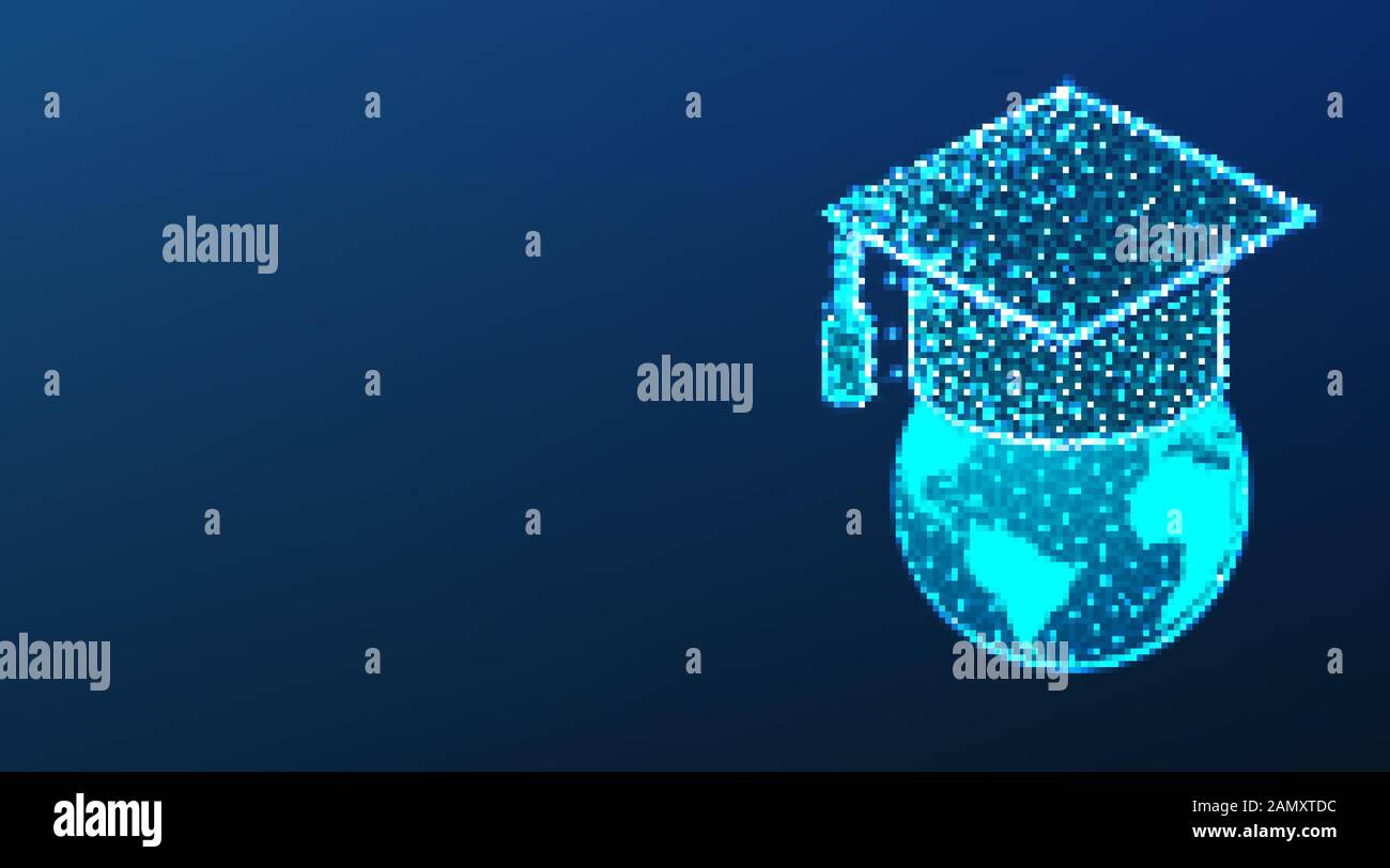 Graduierungskappe oder Mörserbrett auf Weltkugel. Bildungskonzept. Abstraktes Design Mit Niedrigem Poly-Drahtgitterdesign. Auf dunkelblauem Hintergrund. Vektor Schlecht Stock Vektor