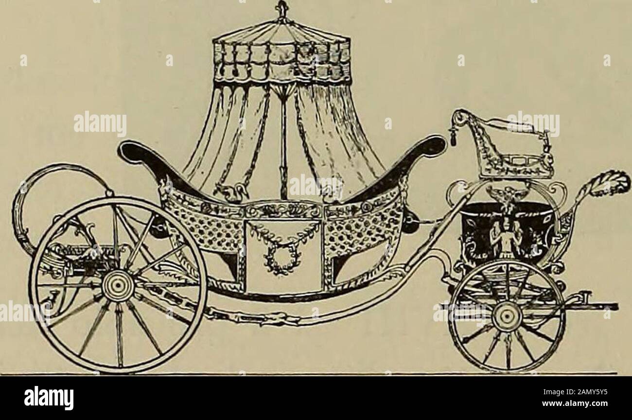 La carrozza nella storia della Locomozione. Tilbury ad otto molle, esistente presso la Fabbrica Sala, Milano. Del baldacchino e della tenda, il landau, con molle- che ora diconsialla Polignac e con la freccia a collo di cigno, molto in voga a quei tempi per le passeggiate delle-leganza; Mentre per le Corse ra-pide in città, o da città a città, per affari ed anche per viaggio, avevansi tippi di carrozze chiuse, con mantice come quella che ab-biamo riprodotta ed anche perdue o trone, con sedalla parte del fondo piccolo banchettino di fronte. Non erano queste, certamente, le carrozze di Stockfoto