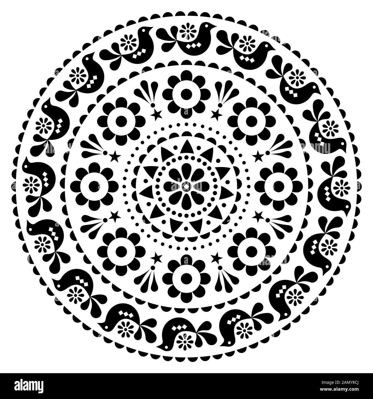 Skandinavisches, vektorgestaltiges Mandala-Muster - rundes Design, niedliches Blumenschmuck mit Vögeln in Schwarz auf weißem Hintergrund Stock Vektor