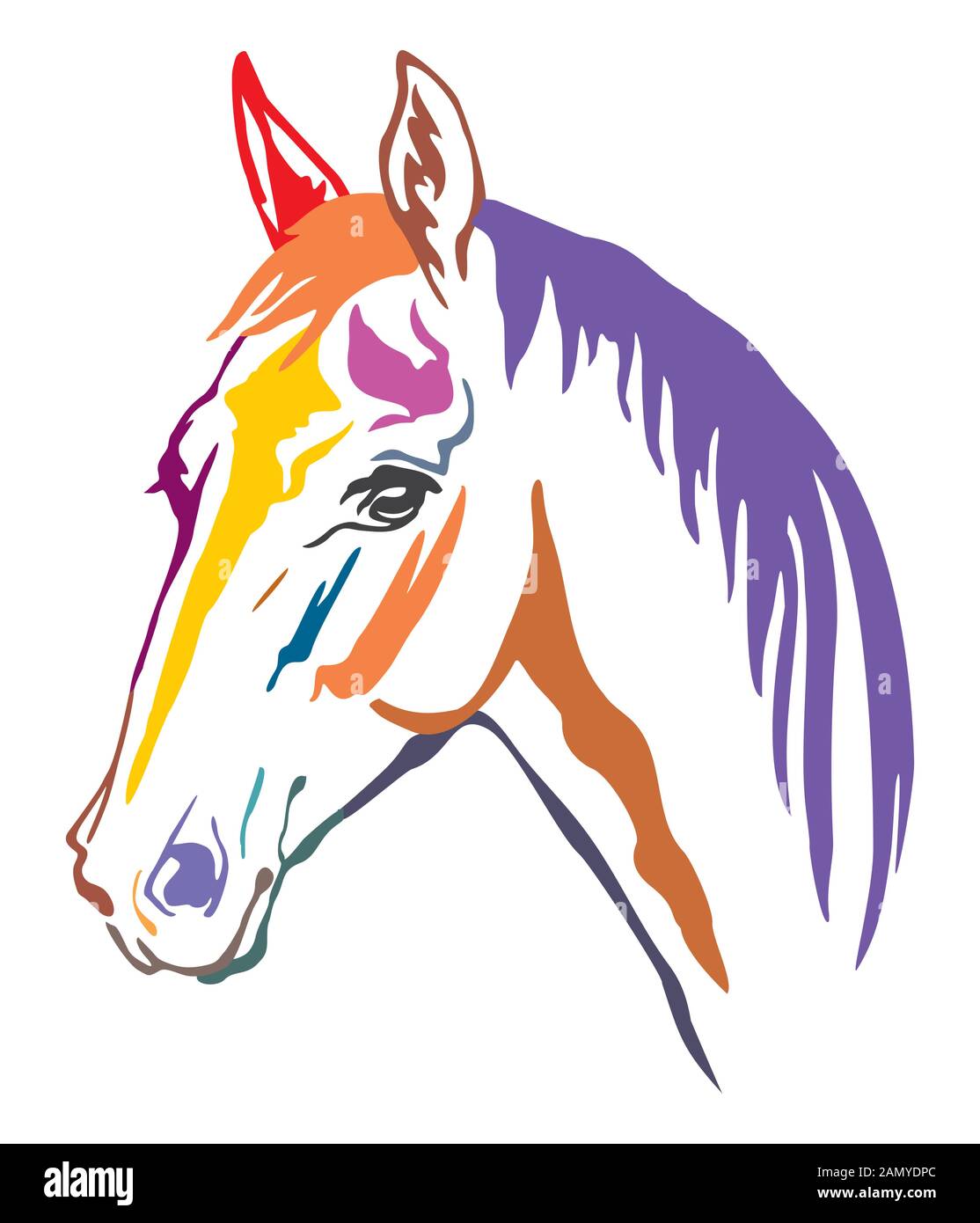 Bunt dekorativ Kontur Portrait von schönen Pferd mit langer Mähne, Suchen im Profil. Vector Illustration in verschiedenen Farben isoliert auf weißem Stock Vektor