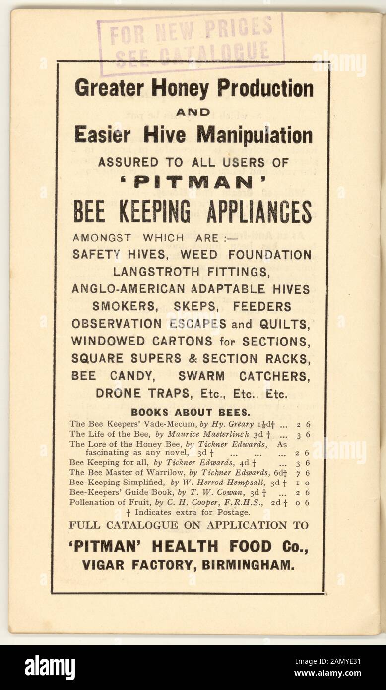 Pitman Bienenzucht Geräte Anzeige innerhalb einer Imkerei Broschüre Stockfoto