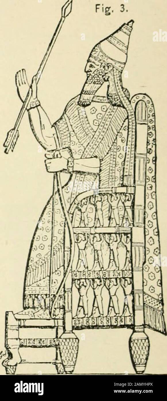 Die sieben großen Monarchien der alten östlichen Welt: Oder die Geschichte, Geographie und Altertümer von Chaldaea, Assyrien, Babylon, Medien, Persien, Parthien und dem sassanischen oder neuen Perserreich. Nr. II Assyrische Tafeln, aus Basreliefen (Kovi-njik). 7 Nr. III Tisch, mit Widderköpfen verziert (Koyunjik.). Stockfoto