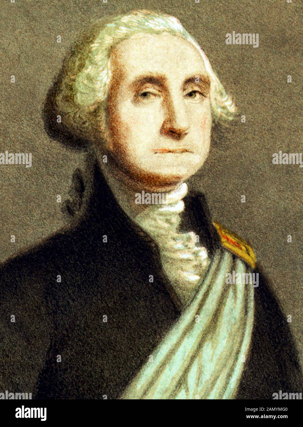 Jahrgangsporträt von George Washington (1732 - 1799) - Kommandeur der kontinentalen Armee im amerikanischen Revolutionären Krieg/Unabhängigkeitskrieg (1775 - 1783) und erster US-Präsident (1789 - 1797). Details aus einem Druck von Strobridge & Gerlach aus Cincinnati um das Jahr 66. Stockfoto