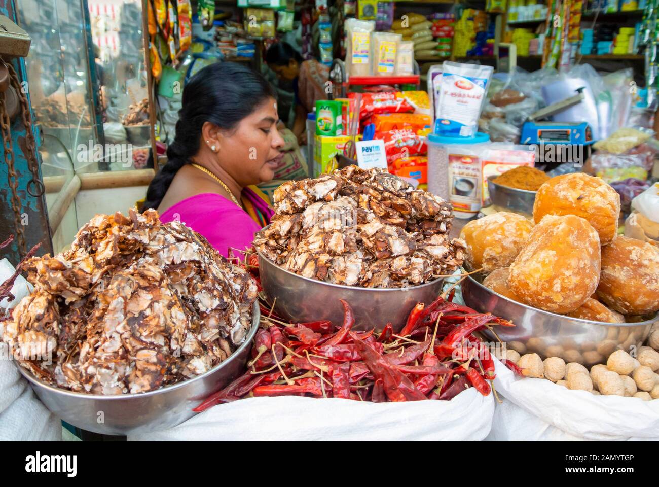 Indische Frau verkauft Gewürze auf dem Lebensmittelmarkt, Madurai, Südindien Stockfoto