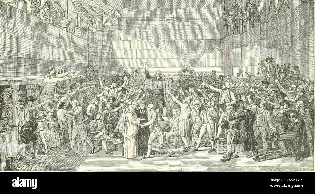 Nouveau Larousse illué : dictionnaire universel enclopédique. Proposé de Seindre cette scène historique, nen a laissé que lesquisse,après sa méthode, il avait dessiné toutes ses figures. La scène quil voulait retracer,lunion qui reliait tous les membres de lassemblée sontrendus avec une précision frappante par le groupementsur lo Premier Plan de dom Gerle, un chartreux, Rabaud-Saint-Etienne, ministre protegé, labbé Grégoire, prêtrecatholique. Quelques têtes seulement sont peintes, à peinebrossées, mais vivantes et parlantes déjà; ce sont cellesde Mirabeau, de Stockfoto