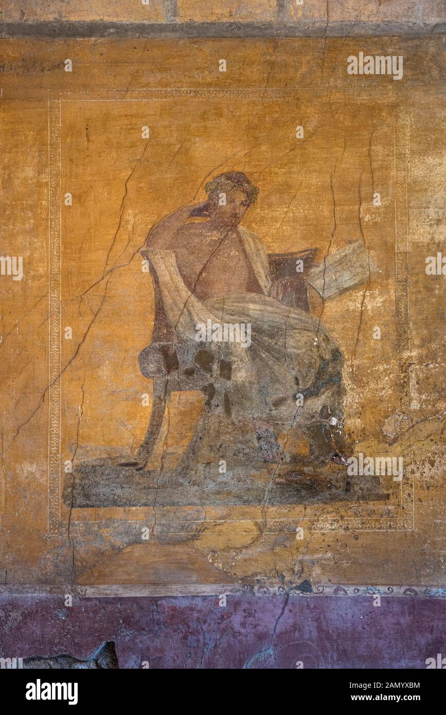 Pompei. Italien. Archäologische Stätte von Pompeji. Haus von Menander (Casa del Menandro). Fresko mit der Darstellung des griechischen Dramatikers Menander, aus dem das ho Stockfoto