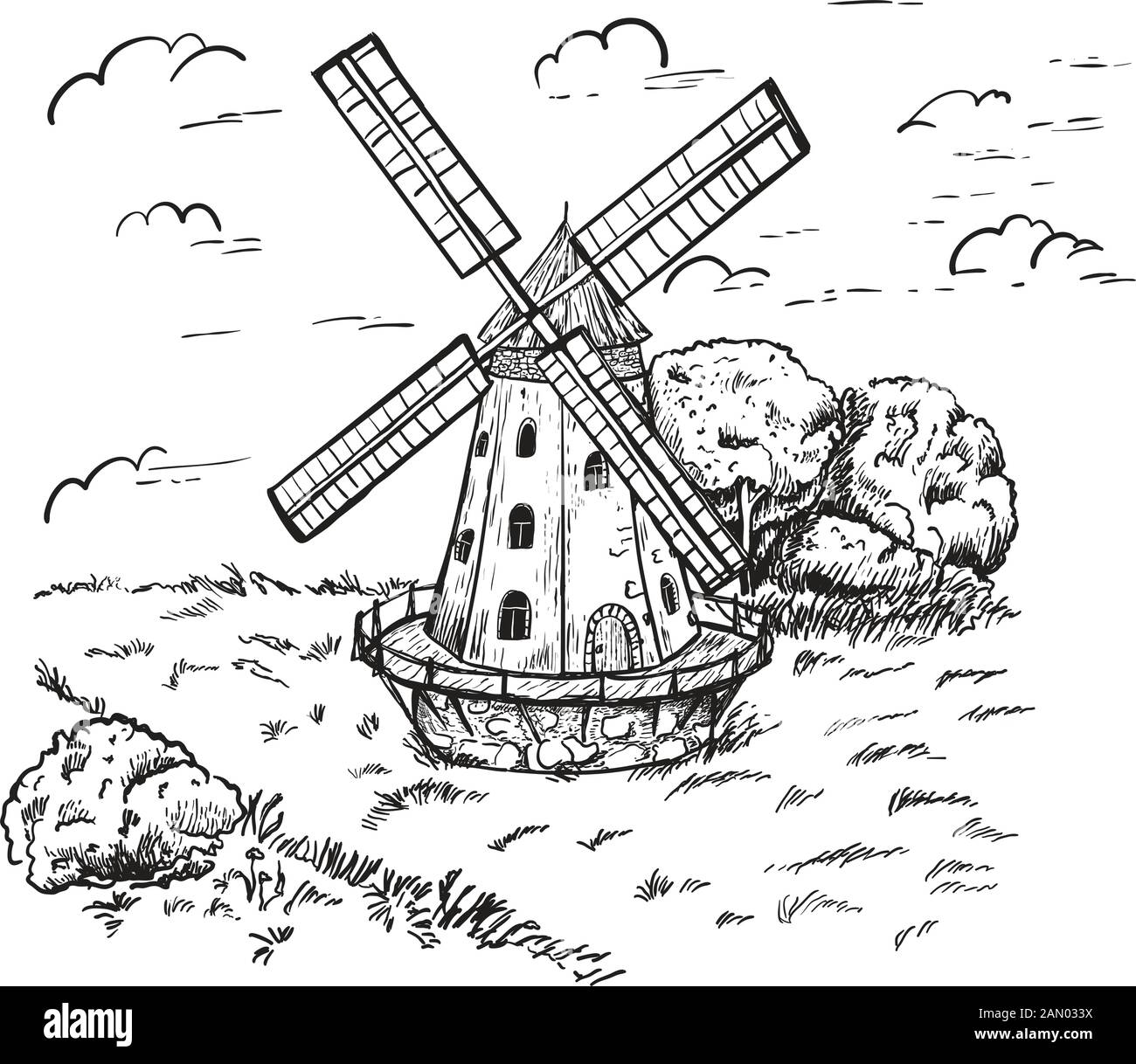 Windmühle. Handgezeichnete Skizze der Vektorgravur im Vintage-Stil. Stock Vektor