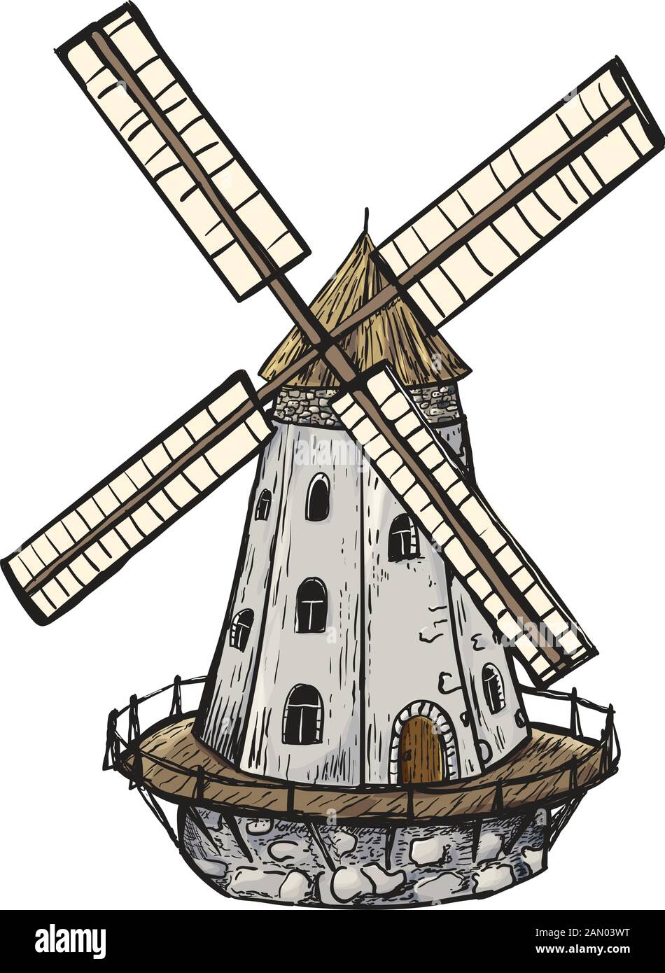 Windmühle. Handgezeichnete Skizze der Vektorgravur im Vintage-Stil. Stock Vektor