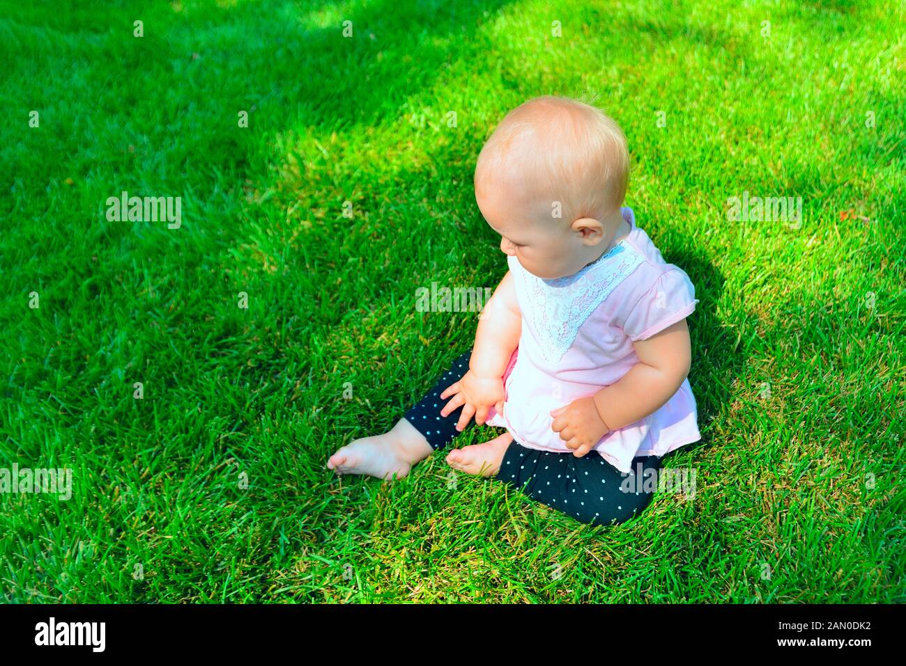 Kleines Mädchen sass auf dem grünen Gras, Ansicht von oben. Stockfoto