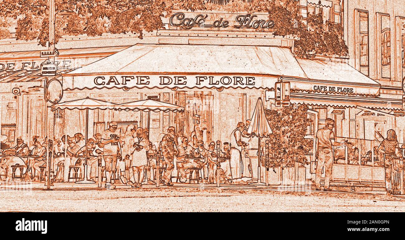 Café de Flore, eines der ältesten Kaffeehäuser in Paris, bekannt für seine berühmten Gäste, Saint-Germain-des-Prés, Latin, Paris, Frankreich Stockfoto