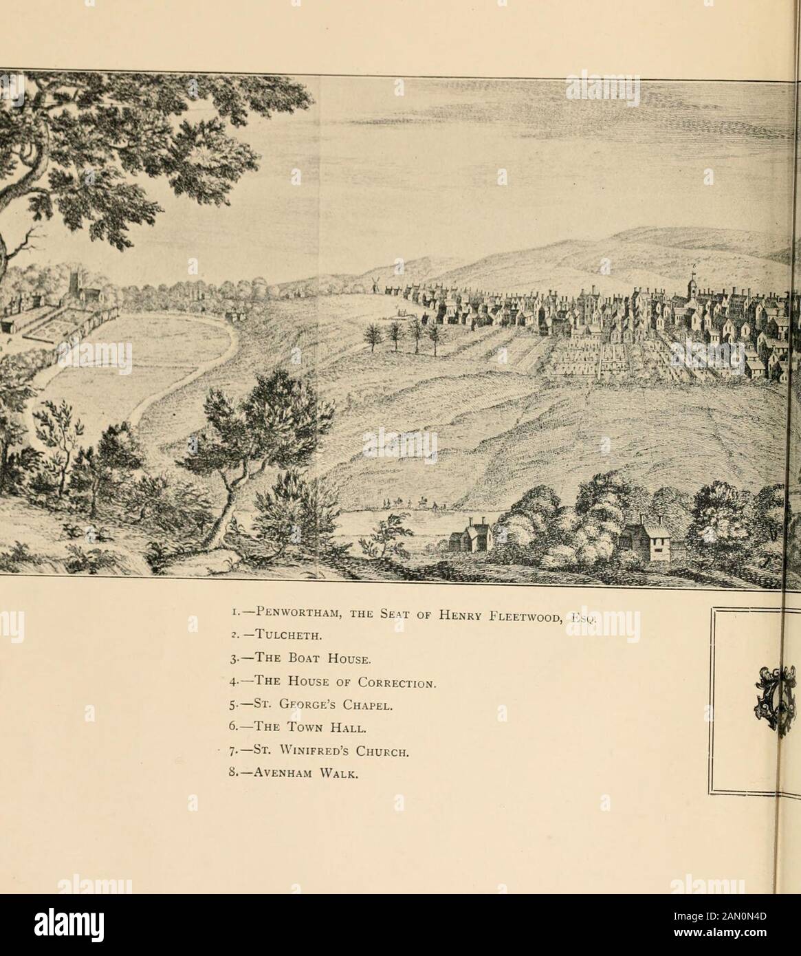 Die Geschichte der Pfarrei Preston in der Avounderness in der Grafschaft Lancaster . RI^^JiV. &4:i^?T:* ^;. I.-Penwortham, der Sitz von Henry Fleetwood, Esq. J. -Tulcheth. 3.-Das Bootshaus. 4.-Das Haus der Korrektur. S--St. Georges Kap.^Pel. 6.-Das Rathaus. 7.-St. Winifreds Church. 8.-Avenham Walk. Von PRESTONhistoryofparisho00fishuoft Stockfoto