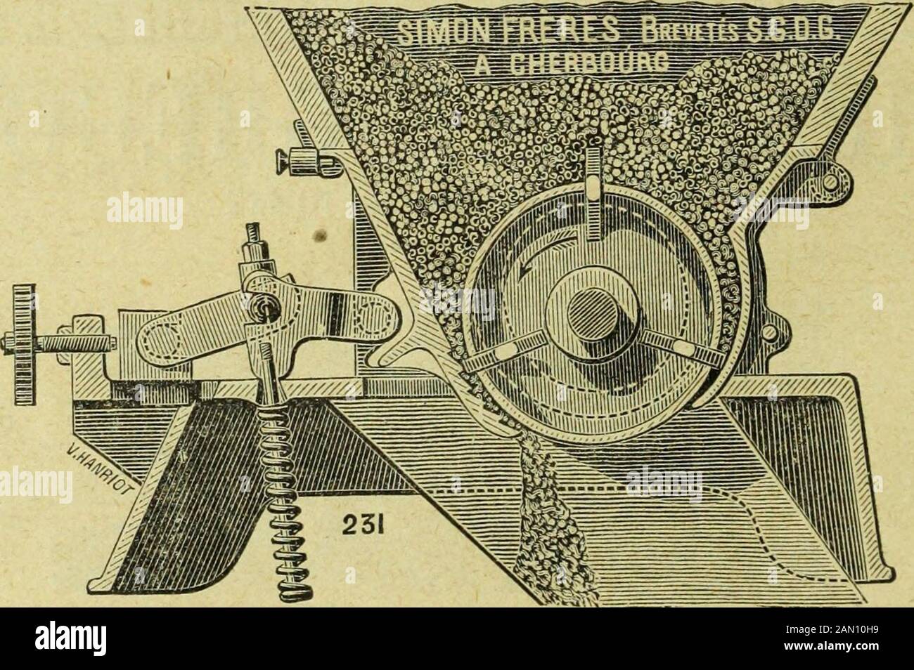 Rebe de Viticoles : organe de l'agriculture des Régions viticoles . Établissements SIMON FRÈRESA CHERBOURG Objet dart, prix. DHonneur et Médailles dor aux Expositions et Concours MATÉRIEL POUR VINIFICATION ^ Nouveaux Fouloirs, Pressoirs et Presse continue SIMON Brevetés S. G. pour Vins blancs et Vins rouges Expositions Uni-Verselles:Paris 1889 Lyon 1894et Bordeaux 1895 iédailles dor Exposition internationale:Bruxelles 1897 Diplôme dHonnur. 1897Premier Prix Médaille dor au Concours sf.écial de Nantespour Pressoirs Coupe des nouveaux Fouloirs SIMON, Brevetés S. G. - Créatio Stockfoto