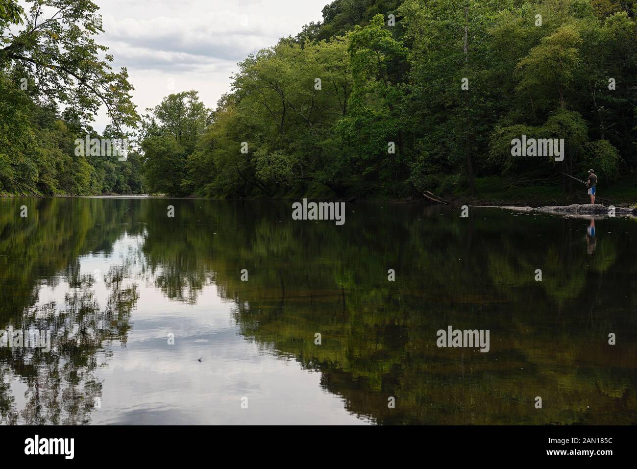 Angeln in den Catskills am Esopus Creek.Angelpfahl, Stockfoto
