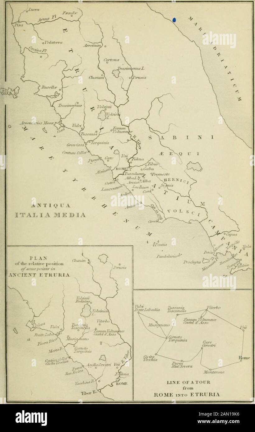 Tour zu den Grabschänken von Etrurien, im Jahr 18398. HAPTER IV TARQUINIA. Dies wurde als die interessanteste Portionierung unserer etruskischen Pilgerreise angesehen, denn neben Tarquiniasanspruch auf unsere Aufmerksamkeit als Hauptstadt von Urhetrurien wurde sie in unserer Erinnerung mit der aufregendsten Epoche der frühen römischen Geschichte identifiziert. Von Livy erfahren, dass Rom fromTarquinia eine Rasse mächtiger Könige erhielt und ihnen und ihrer etruskischen Mutter Landsmannschaft für viele der Kunst der Verfeinerung, Abzeichen der Großartigkeit, substantielle Verbesserungen und Ritesof Religion, die dazu beigetragen hat, ihn aufzubauen, belehnte Stockfoto