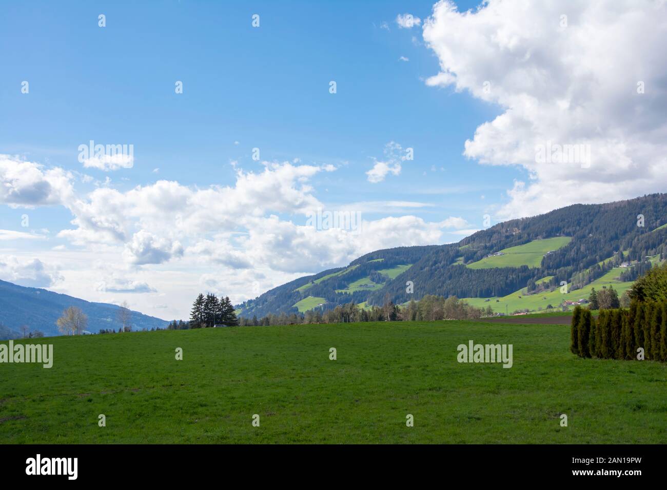 Blick auf Wiesen und Berge von Toblach, Pustertal, Südtirol, Italien. Stockfoto