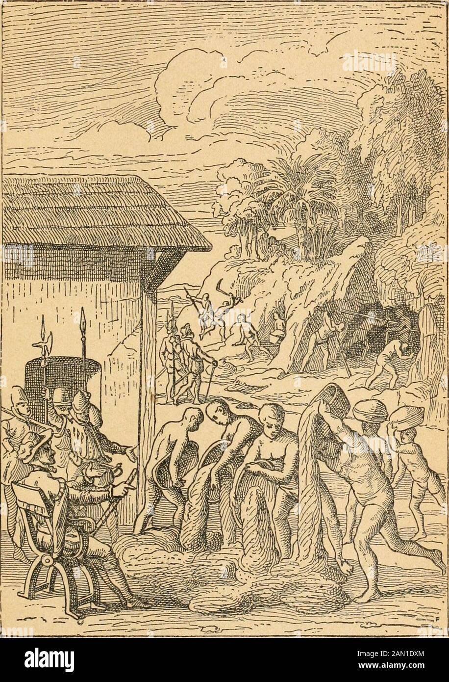 Das Leben von Christoph Kolumbus, aus eigenen Briefen und Zeitschriften und anderen Dokumenten seiner Zeit und mit der Suche nach Gold. Er schickte Entdeckungsexpeditionen zur Öffnung mit den Ureinwohnern und zur Suche nach den Bestplätzen für das Waschen und den Goldbergbau.Melchior Meldonado befehligte bei den ersten dieser Expeditionen drei Hundertschaften. Theykam zu einem guten Hafen an der Flussmünde, wo sie ein schönes Haus sahen, das sie von sich nahmen, könnte die Heimat von Guacanagari sein. Theymet eine bewaffnete Partei von einhundert Indianern; aber diese Männer setzten ihre Waffen ab, wenn Signale des Friedens gemacht wurden, und br Stockfoto