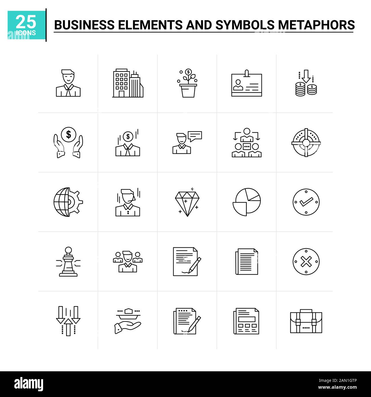 25 Business Elements and Symbols Metaphers Icon Set. Vector Background Stock Vektor