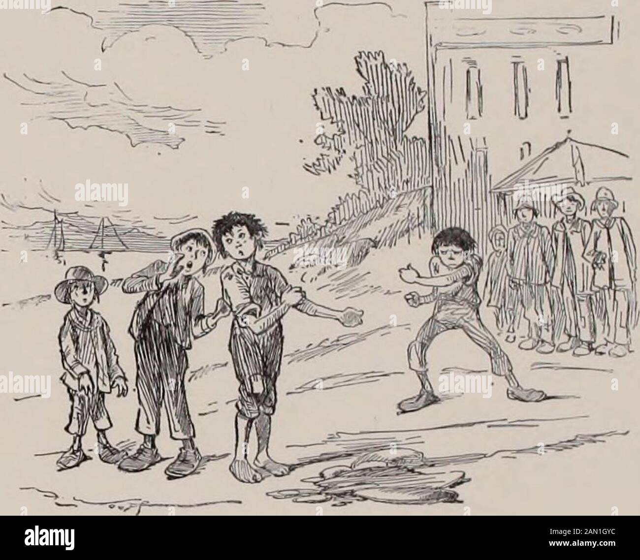 Skizzen des niederen Lebens in einer großen Stadt. Kleiner Jimmy Carrol (zum kleinen Bruder): Oh, nur warten, bis du alt genug bist, um zu lecken! Fangen Sie es nicht? Motheraint gibt mir einen Cent, seit Sie angekommen sind. 113. K EIN WORT DES RATENS. Schlagen Sie ihn heraus, wie ein oberer Schnitt, Jimmy; ein, wenn in de ex-citement von de Moment yez findet, dass yez einen ter Strike Belowde Gürtel bekommen hat, schlagen Sie so hart, dass er 11 Spazzums an1 nicht Dediffernce kennen. Stockfoto