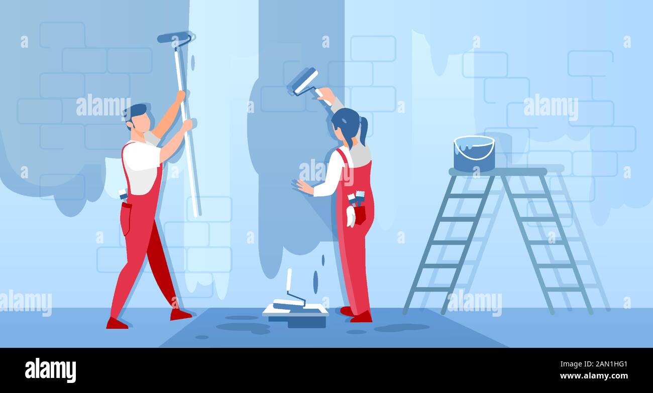 Vektor eines Mannes und einer Frau, die Bauarbeiter malen, um die Wand zu reparieren. Stock Vektor
