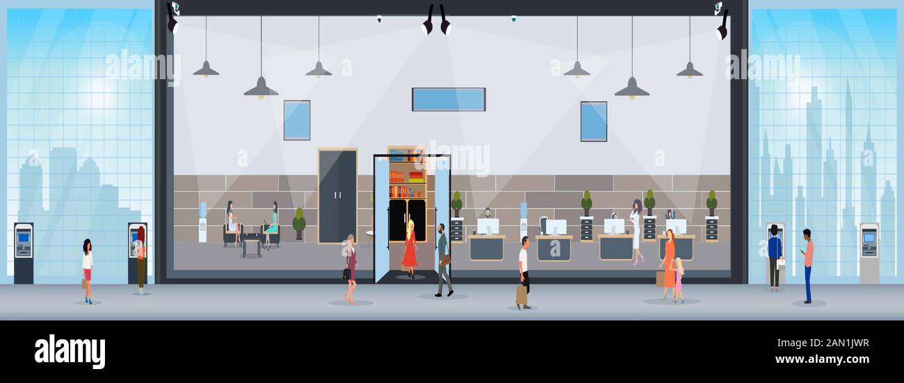 Vektor eines Unternehmens oder einer Bankstelle mit Kunden und Mitarbeitern, die darin arbeiten Stock Vektor