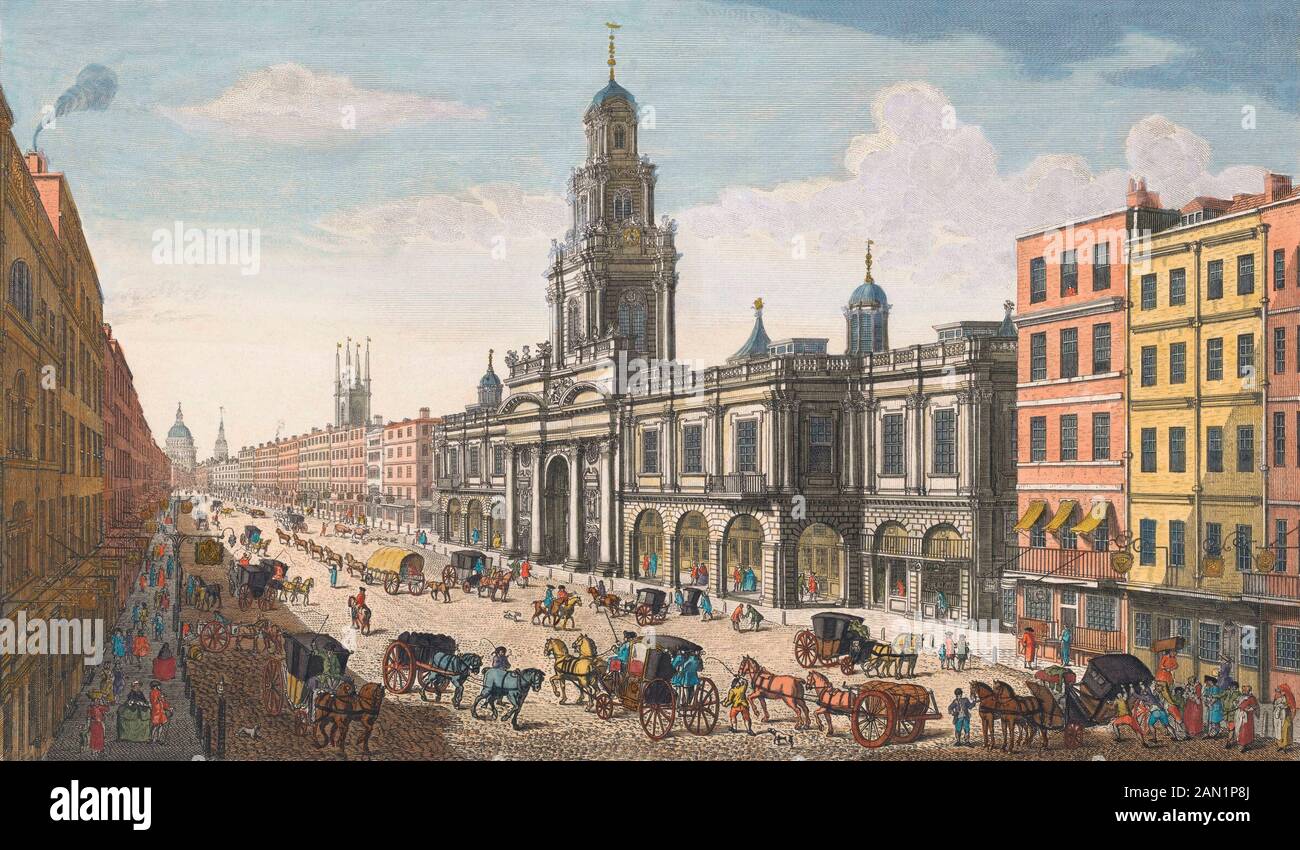 Ein Blick auf die Royal Exchange London. Nach einem Drucken vom 1751 von Thomas Meier. Später einfärben. Stockfoto