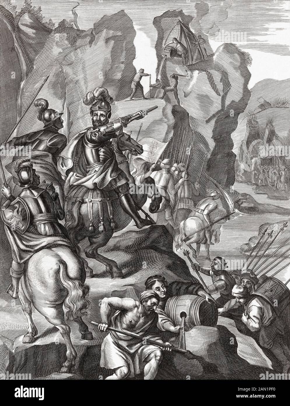 Hannibal und seine Armee überquerten 218 v. Chr. während des Zweiten Punischen Krieges die Alpen. Die Männer, die Flüssigkeit aus Fässern (oben und unten im Bild) gießen, stellen einen Teil von Livys Bericht über den marsch wieder her, in dem Hannibal Essig und Feuer benutzte, um einen Felssturz zu durchbrechen. Nach einer Gravur aus dem 17. Jahrhundert durch Antony van der Tut es. Stockfoto