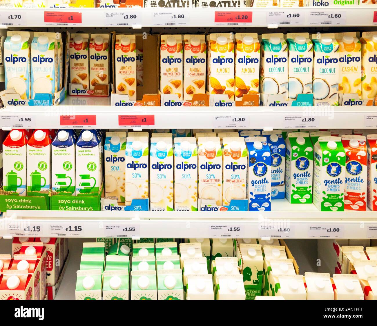 Supermarkt-Anzeige verschiedener Milch- und Milchersatzprodukte, einschließlich Sojaschief und Kokosnuss Stockfoto