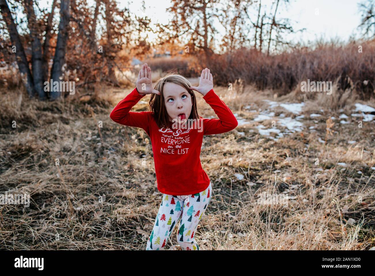 Junges Mädchen, das ein albernes Gesicht trägt Spaß weihnachten Kleidung Stockfoto