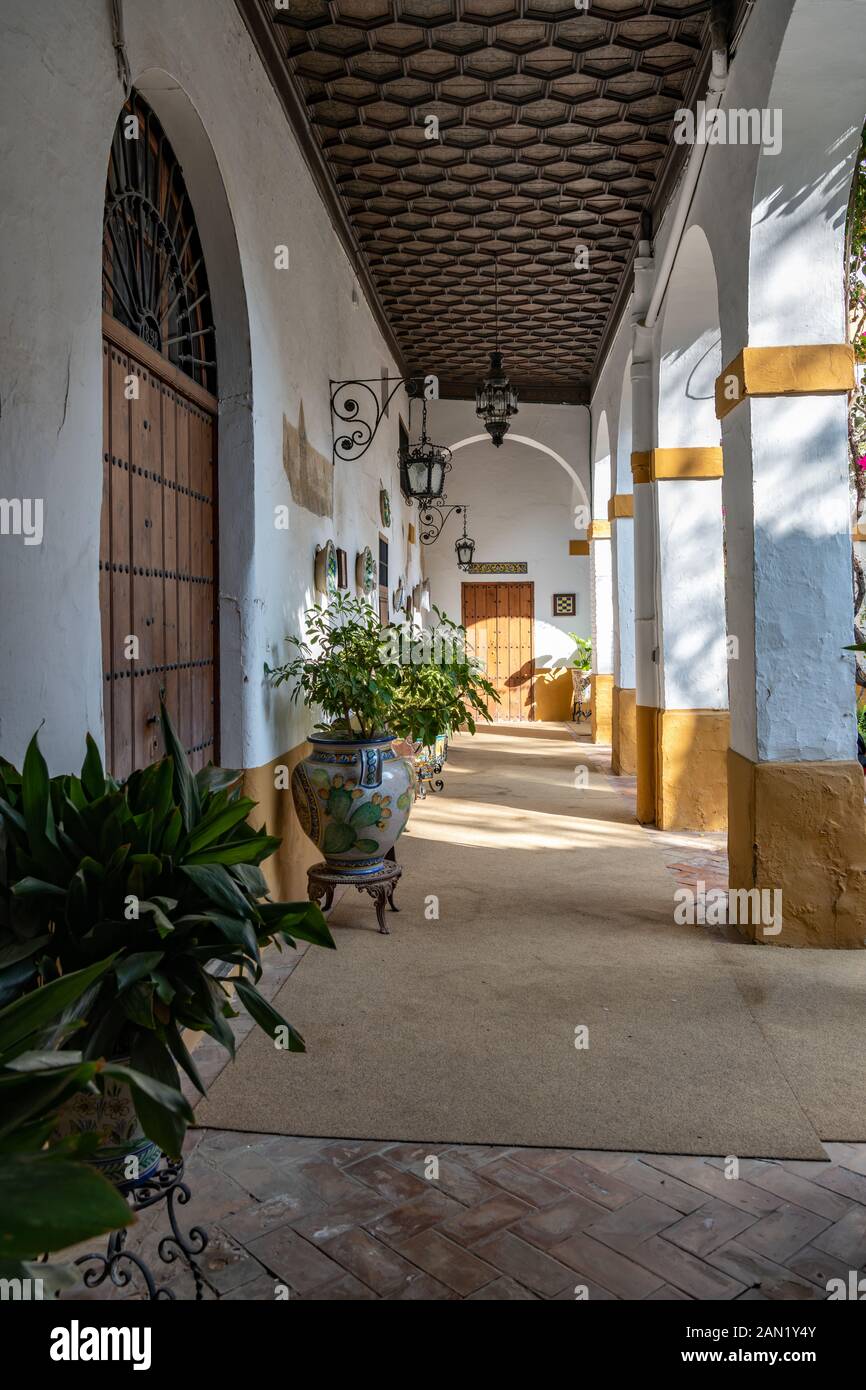 Der weiß getünchte Innenhof des Patio del Aceite (Ölhof) im Palacio de las Dueñas, Sevilla Stockfoto