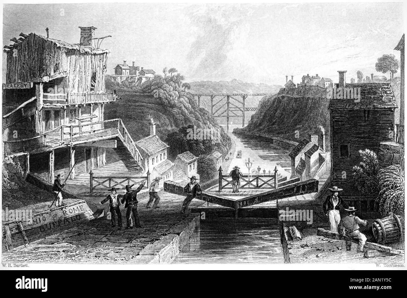 Eine Gravur von Lockport, Erie Canal, NY State USA, mit hoher Auflösung gescannt. Aus einem Buch, das 1840 gedruckt wurde. Glaubte, dass es keine Urheberrechte gibt Stockfoto