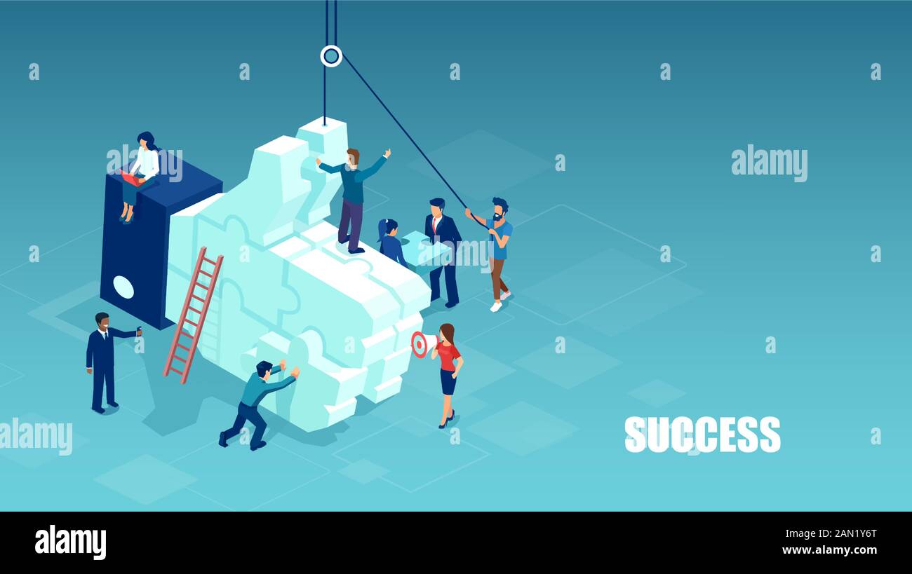 Vektor einer Gruppe von Menschen, die aus Puzzleteilen einen Daumen nach oben wie ein Schild bauen Stock Vektor