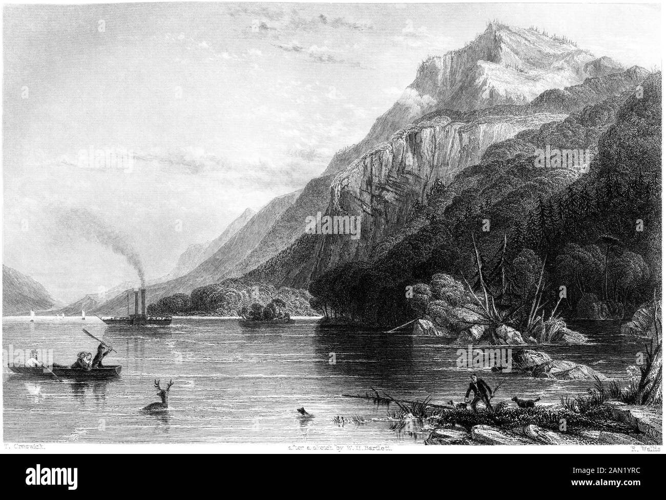 Eine Gravur von Black Mountain (Lake George) USA, mit hoher Auflösung gescannt. Aus einem Buch, das 1840 gedruckt wurde. Glaubte, dass es keine Urheberrechte gibt Stockfoto