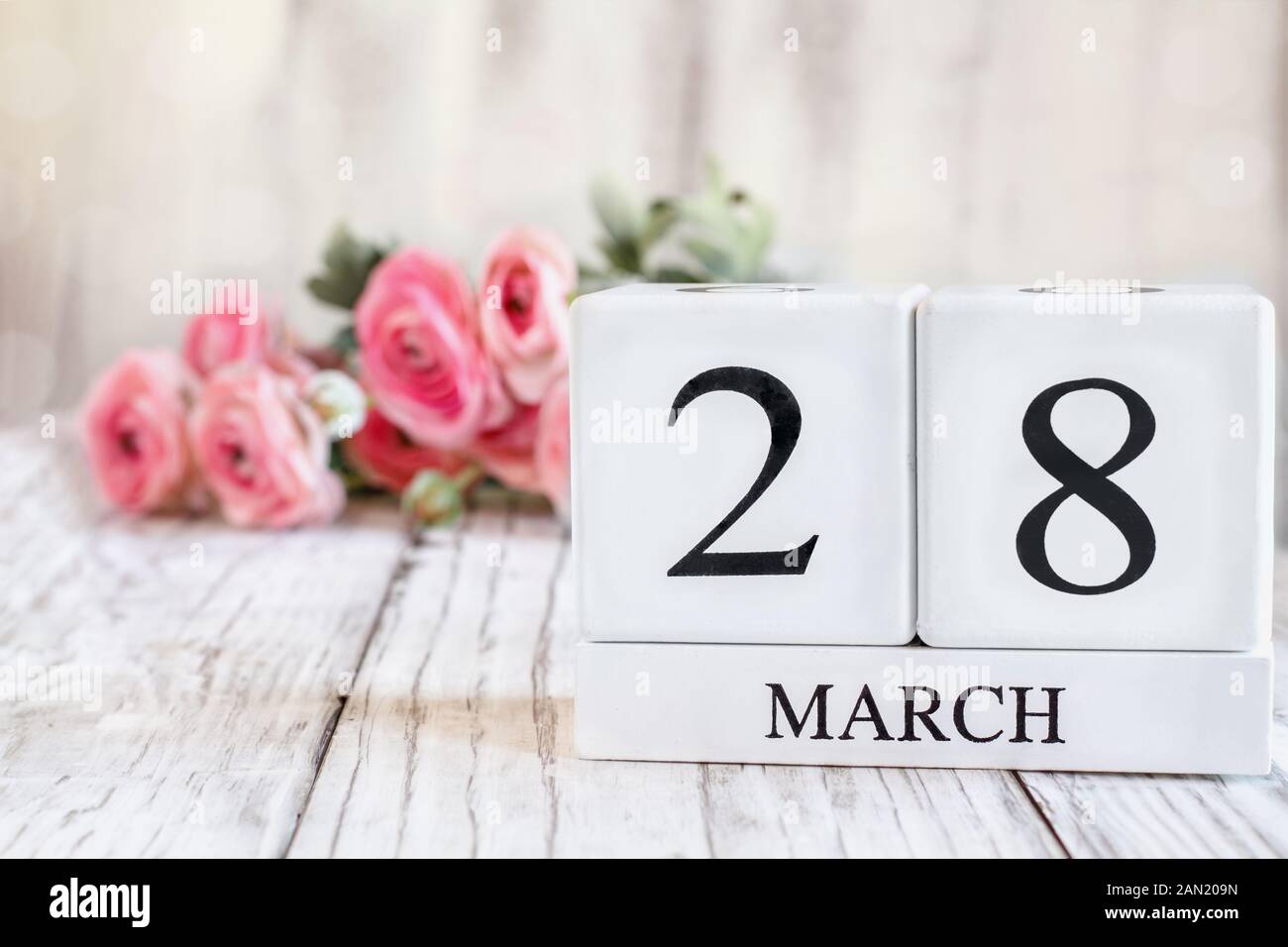 Weißes Holz Kalender Blöcke mit dem Datum 28. März. Selektiver Fokus mit rosa Ranunkeln im Hintergrund über einen hölzernen Tisch. Stockfoto