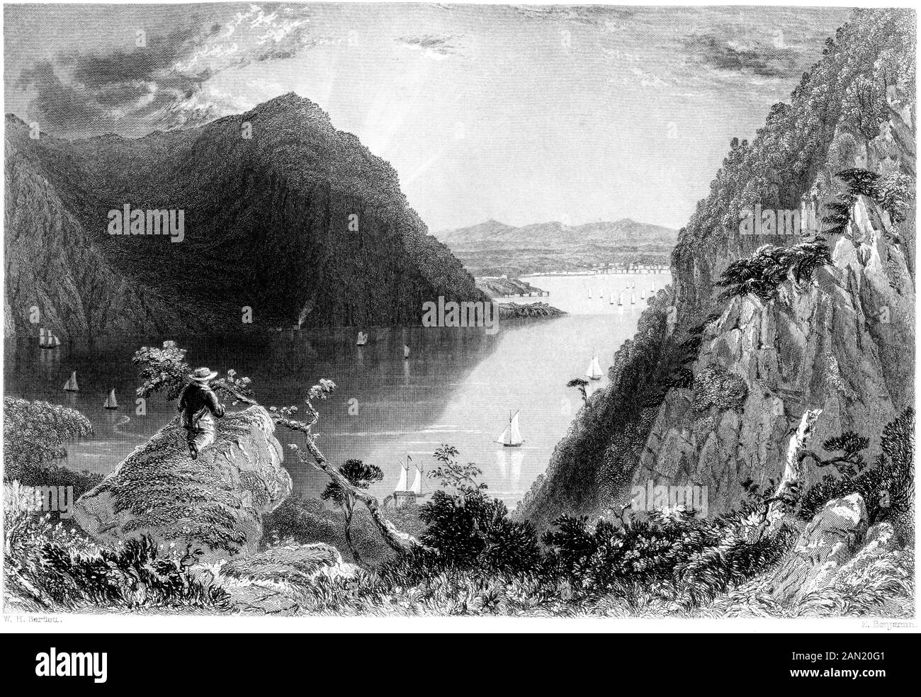 Ein Kupferstich von Hudson Highlands (von Bull Hill) gescannt bei hoher Auflösung. aus einem Buch im Jahre 1840 gedruckt. Glaubten copyright frei. Stockfoto