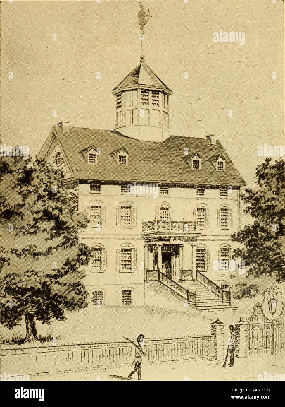 Vierzig der historischen Häuser von Boston; eine kurze illustrierte Beschreibung der Wohnsitze historischer Persönlichkeiten von Boston, die in oder in der Nähe des Geschäftsbereichs . s der First Church gelebt haben. 1709 war das Anwesen im Besitz von Thomas MacCarty und wurde als MacCartys Corner bekannt. Hier begann Benjamin Russell im Jahr 17884 mit der Veröffentlichung des kolumbianischen Sentinels. Die um 1800 errichteten Gebäude von Rogers waren einer der ersten Ziegelsteinblöcke in Boston. Es wurde im Jahr 1811 an James Harrison verkauft, der es wiederum an Daniel Dennison Rogers verkaufte, als der Block als RogersBuildings bekannt war. Im Jahr 1833 Henry B. Rogers, Sohn von Stockfoto