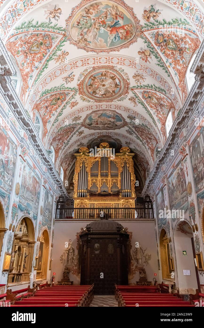 Eine vergoldete Orgel füllt die Rückseite des Kirchenschiffs in der Kirche des Hospital de los Venerables. Die Wände und Deckenfresken stammen von Juan de Valdés Leal. Stockfoto