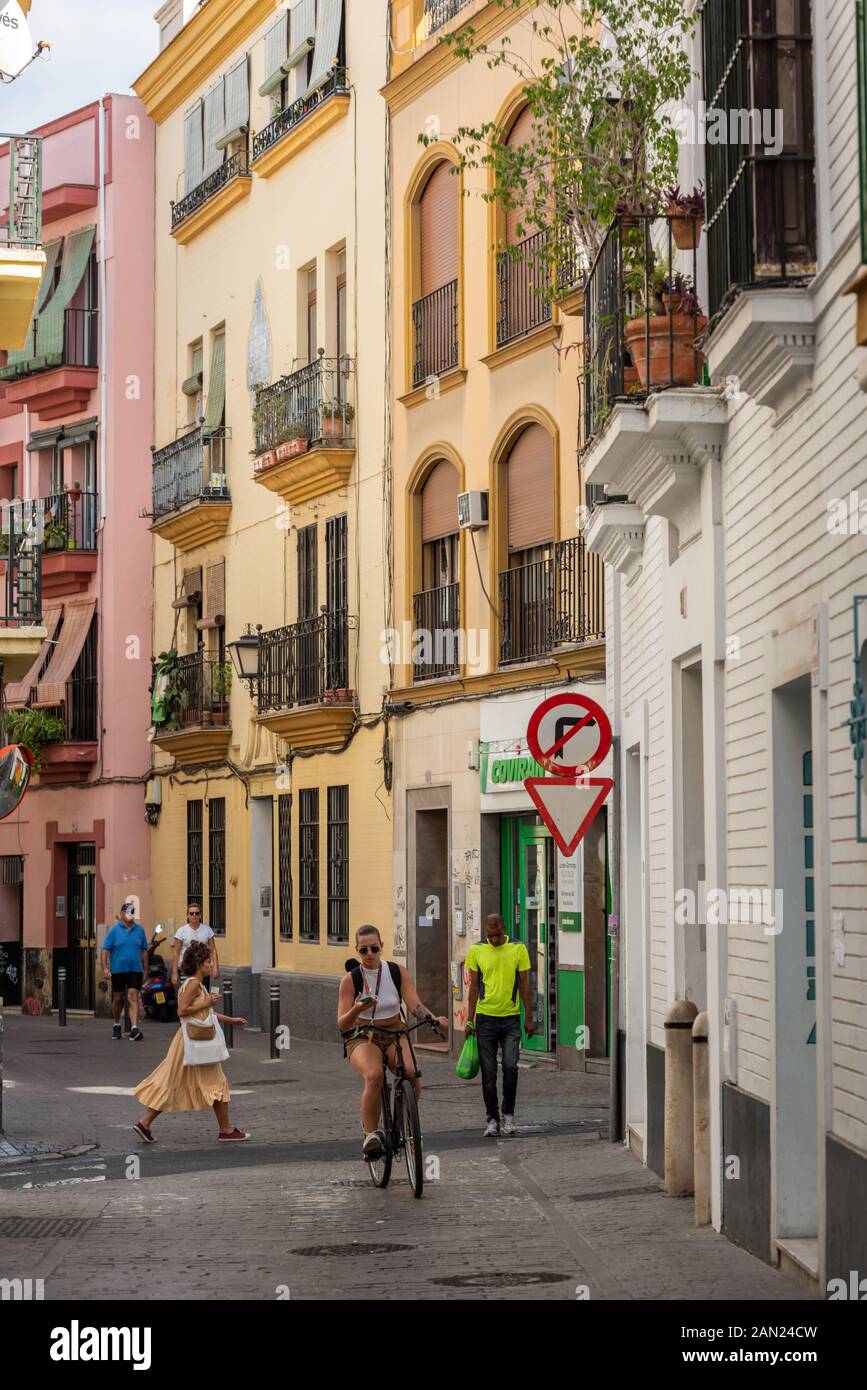 Eine Radfahrerin navigiert durch die engen Gassen der Altstadt von Sevilla, während sie ihr Mobiltelefon überprüft Stockfoto