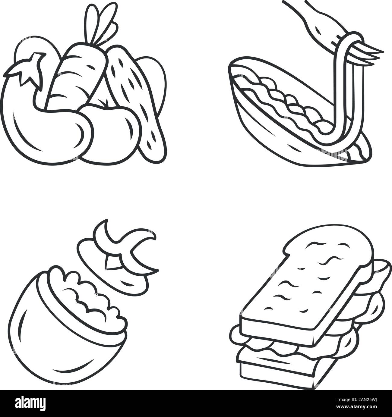 Lineare Symbole für nahrhafte Lebensmittel. Gemüse, Pasta, gefüllte Tomaten, Sandwich. Restaurant-Menü. Gesunde Ernährung. Kontursymbole mit dünnen Linien. Isoliert Stock Vektor