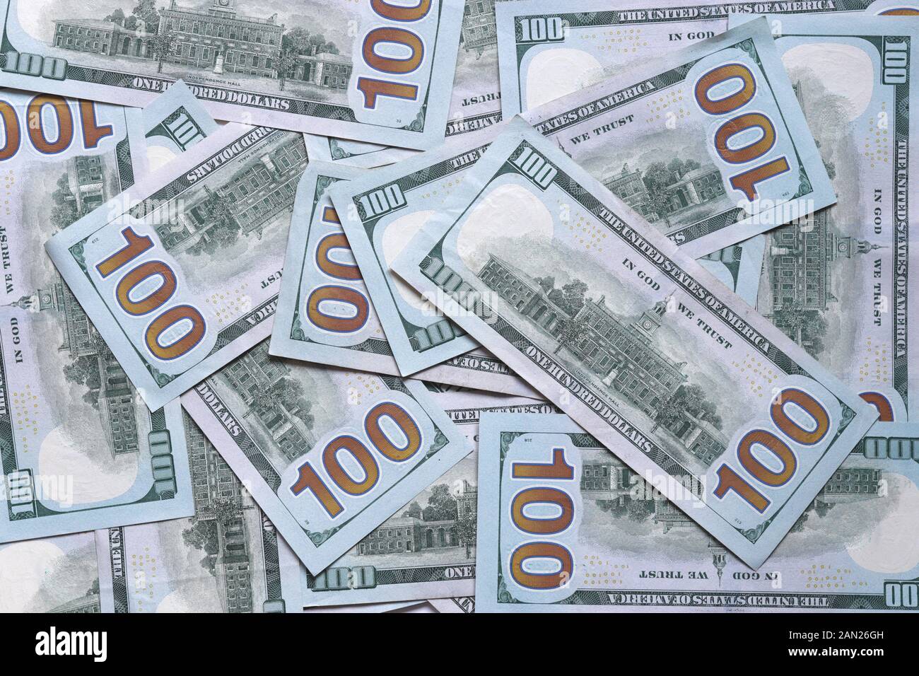 Hintergrund der hundert Dollar, Rechnungen. Die Independence Hall auf USA Geld Banknote. Amerikanische Dollar Banknoten Hintergrund. US-Dollar Muster. 100 dolla Stockfoto